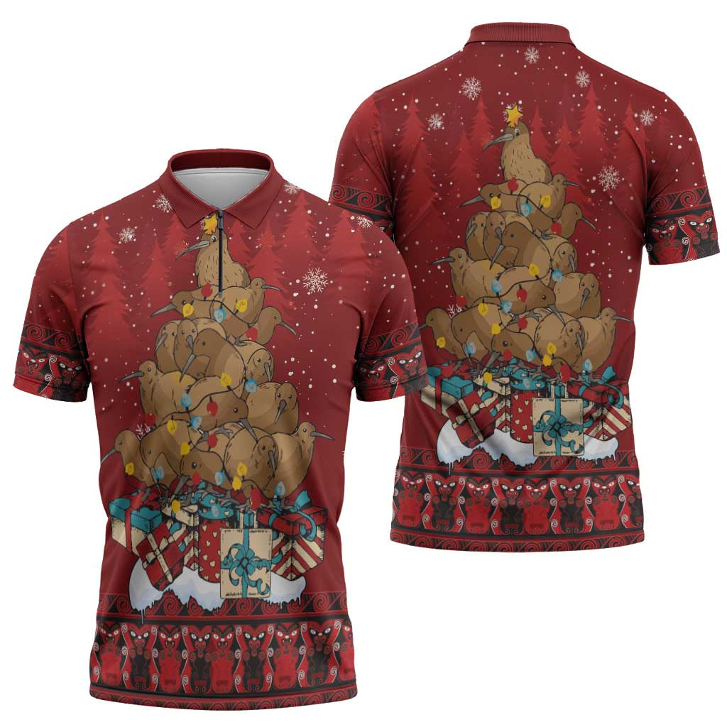 Funny Kiwi Bird Xmas Tree Zipper Polo Shirt New Zealand Tribal Christmas Spirit - Aussie Hoodie