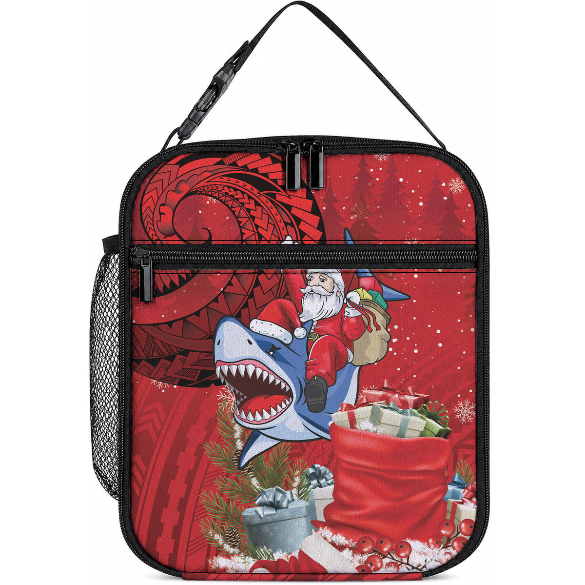 Funny Santa Riding Shark Lunch Bag Polynesian Tribal Christmas Spirit