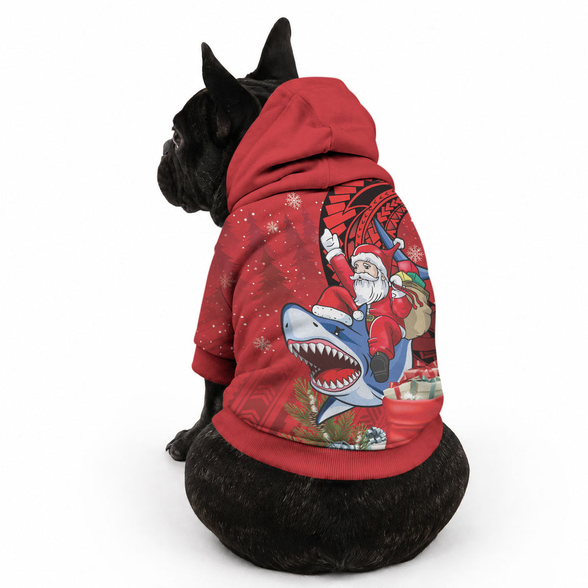 Funny Santa Riding Shark Pet Hoodie Polynesian Tribal Christmas Spirit