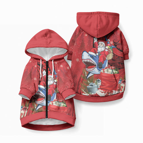 Funny Santa Riding Shark Pet Hoodie Polynesian Tribal Christmas Spirit