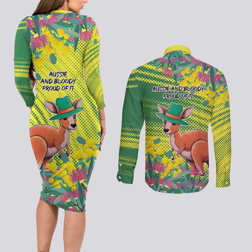Aussie and Bloody Proud of It Couples Matching Long Sleeve Bodycon Dress and Long Sleeve Button Shirt Happy Australia Day