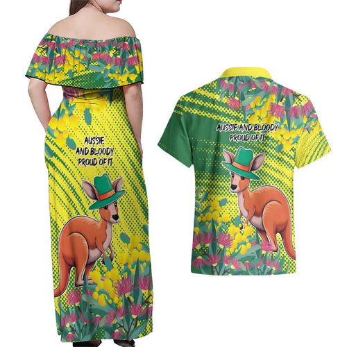 Aussie and Bloody Proud of It Couples Matching Off Shoulder Maxi Dress and Hawaiian Shirt Happy Australia Day