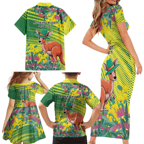 Aussie and Bloody Proud of It Family Matching Short Sleeve Bodycon Dress and Hawaiian Shirt Happy Australia Day
