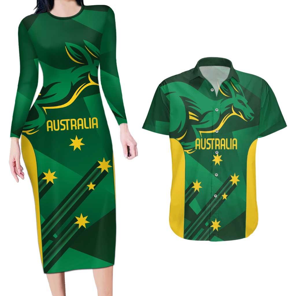 Australia Kangaroo Custom Couples Matching Long Sleeve Bodycon Dress and Hawaiian Shirt Aussie National Color Sporty Pattern
