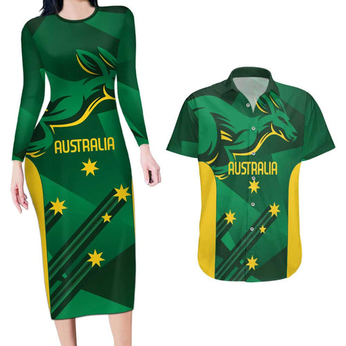 Australia Kangaroo Custom Couples Matching Long Sleeve Bodycon Dress and Hawaiian Shirt Aussie National Color Sporty Pattern