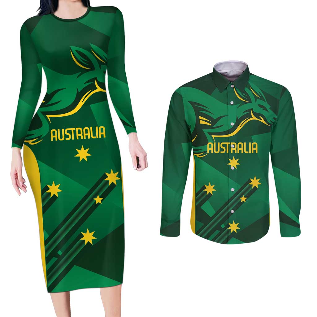 Australia Kangaroo Custom Couples Matching Long Sleeve Bodycon Dress and Long Sleeve Button Shirt Aussie National Color Sporty Pattern