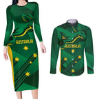 Australia Kangaroo Custom Couples Matching Long Sleeve Bodycon Dress and Long Sleeve Button Shirt Aussie National Color Sporty Pattern