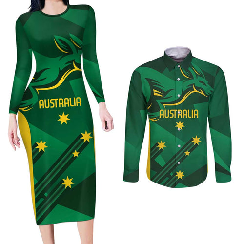 Australia Kangaroo Custom Couples Matching Long Sleeve Bodycon Dress and Long Sleeve Button Shirt Aussie National Color Sporty Pattern