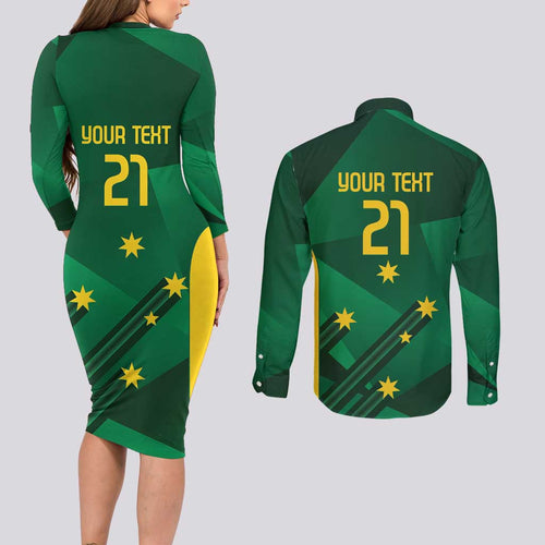 Australia Kangaroo Custom Couples Matching Long Sleeve Bodycon Dress and Long Sleeve Button Shirt Aussie National Color Sporty Pattern