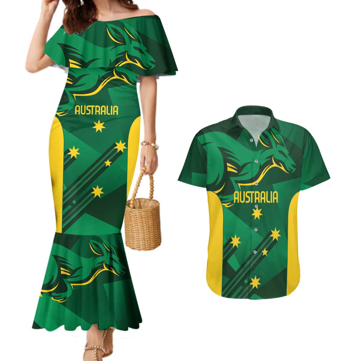 Australia Kangaroo Custom Couples Matching Mermaid Dress and Hawaiian Shirt Aussie National Color Sporty Pattern