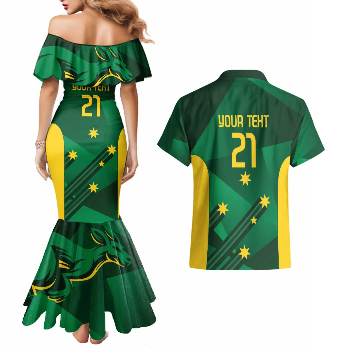 Australia Kangaroo Custom Couples Matching Mermaid Dress and Hawaiian Shirt Aussie National Color Sporty Pattern