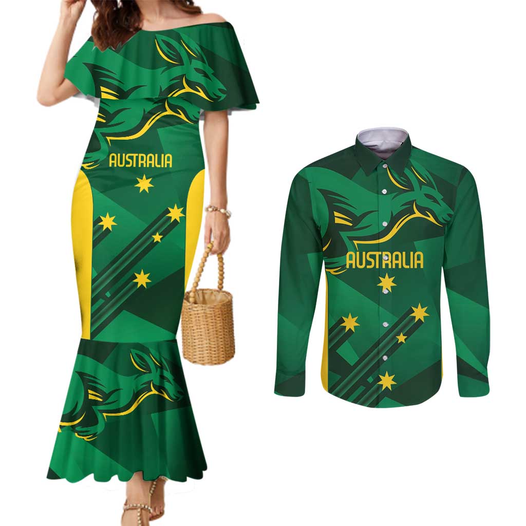 Australia Kangaroo Custom Couples Matching Mermaid Dress and Long Sleeve Button Shirt Aussie National Color Sporty Pattern
