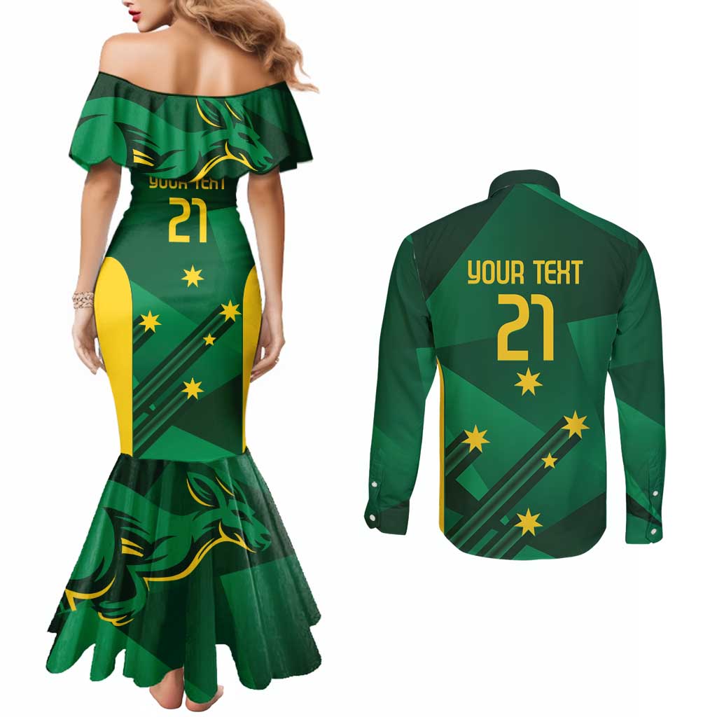 Australia Kangaroo Custom Couples Matching Mermaid Dress and Long Sleeve Button Shirt Aussie National Color Sporty Pattern