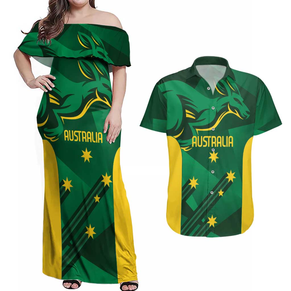Australia Kangaroo Custom Couples Matching Off Shoulder Maxi Dress and Hawaiian Shirt Aussie National Color Sporty Pattern