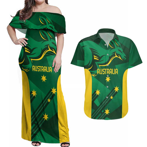 Australia Kangaroo Custom Couples Matching Off Shoulder Maxi Dress and Hawaiian Shirt Aussie National Color Sporty Pattern