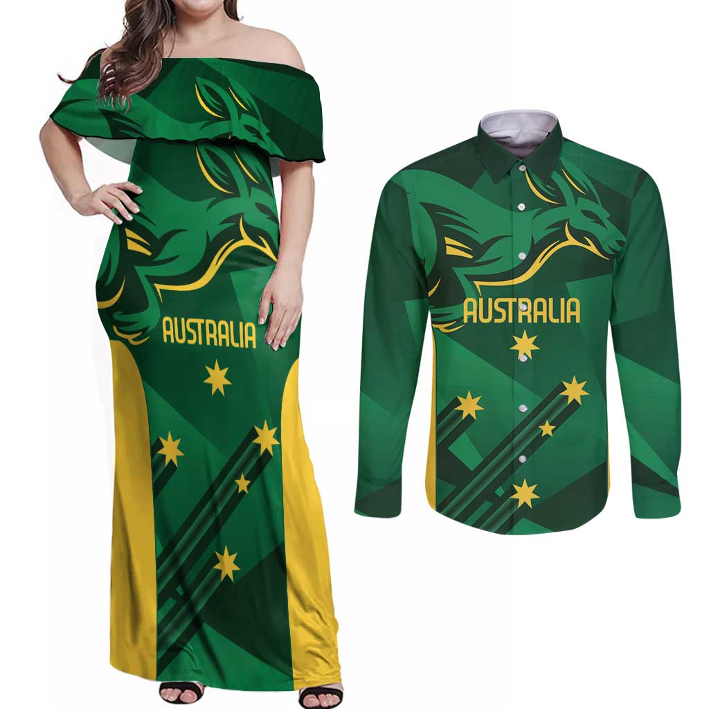 Australia Kangaroo Custom Couples Matching Off Shoulder Maxi Dress and Long Sleeve Button Shirt Aussie National Color Sporty Pattern