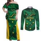 Australia Kangaroo Custom Couples Matching Off Shoulder Maxi Dress and Long Sleeve Button Shirt Aussie National Color Sporty Pattern