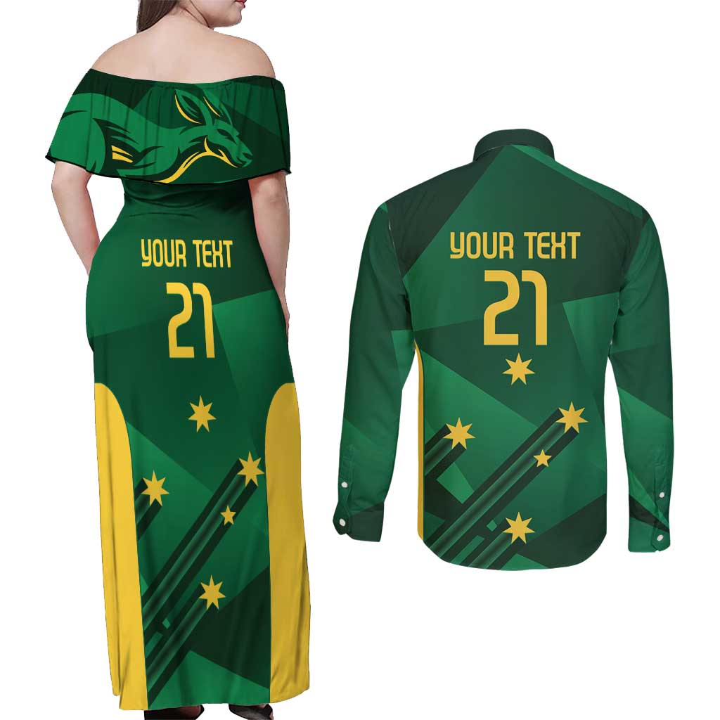 Australia Kangaroo Custom Couples Matching Off Shoulder Maxi Dress and Long Sleeve Button Shirt Aussie National Color Sporty Pattern