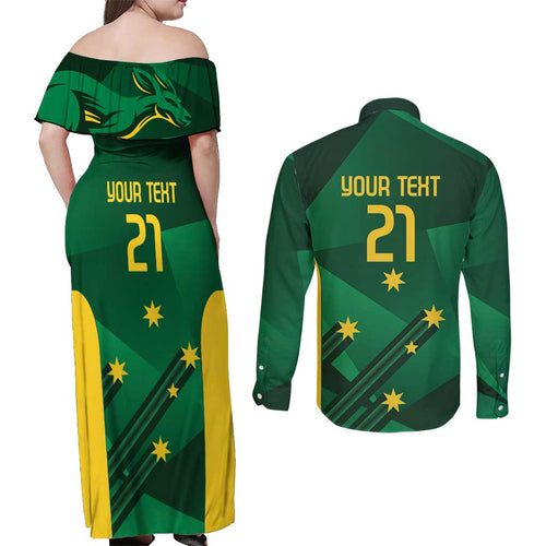 Australia Kangaroo Custom Couples Matching Off Shoulder Maxi Dress and Long Sleeve Button Shirt Aussie National Color Sporty Pattern
