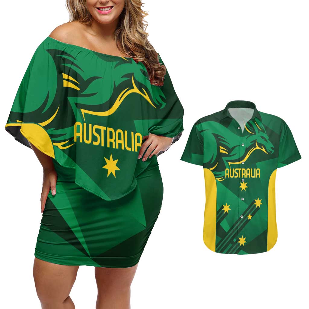 Australia Kangaroo Custom Couples Matching Off Shoulder Short Dress and Hawaiian Shirt Aussie National Color Sporty Pattern