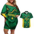 Australia Kangaroo Custom Couples Matching Off Shoulder Short Dress and Hawaiian Shirt Aussie National Color Sporty Pattern