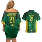 Australia Kangaroo Custom Couples Matching Off Shoulder Short Dress and Hawaiian Shirt Aussie National Color Sporty Pattern