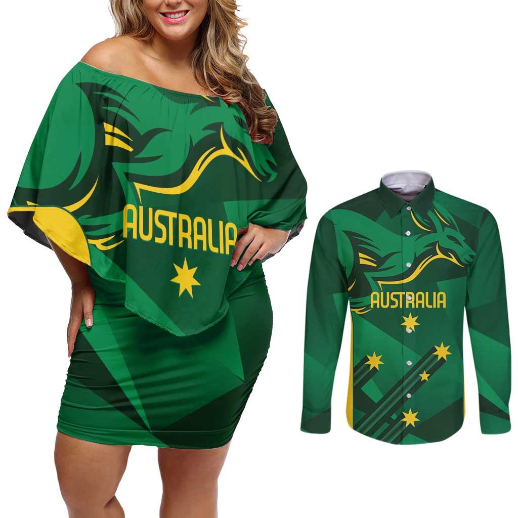 Australia Kangaroo Custom Couples Matching Off Shoulder Short Dress and Long Sleeve Button Shirt Aussie National Color Sporty Pattern