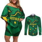 Australia Kangaroo Custom Couples Matching Off Shoulder Short Dress and Long Sleeve Button Shirt Aussie National Color Sporty Pattern