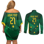 Australia Kangaroo Custom Couples Matching Off Shoulder Short Dress and Long Sleeve Button Shirt Aussie National Color Sporty Pattern