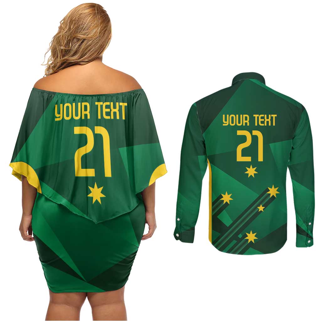 Australia Kangaroo Custom Couples Matching Off Shoulder Short Dress and Long Sleeve Button Shirt Aussie National Color Sporty Pattern