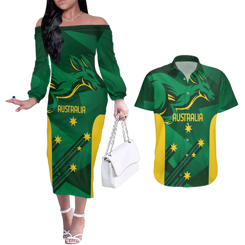 Australia Kangaroo Custom Couples Matching Off The Shoulder Long Sleeve Dress and Hawaiian Shirt Aussie National Color Sporty Pattern