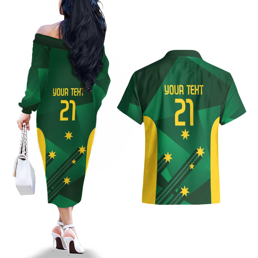 Australia Kangaroo Custom Couples Matching Off The Shoulder Long Sleeve Dress and Hawaiian Shirt Aussie National Color Sporty Pattern