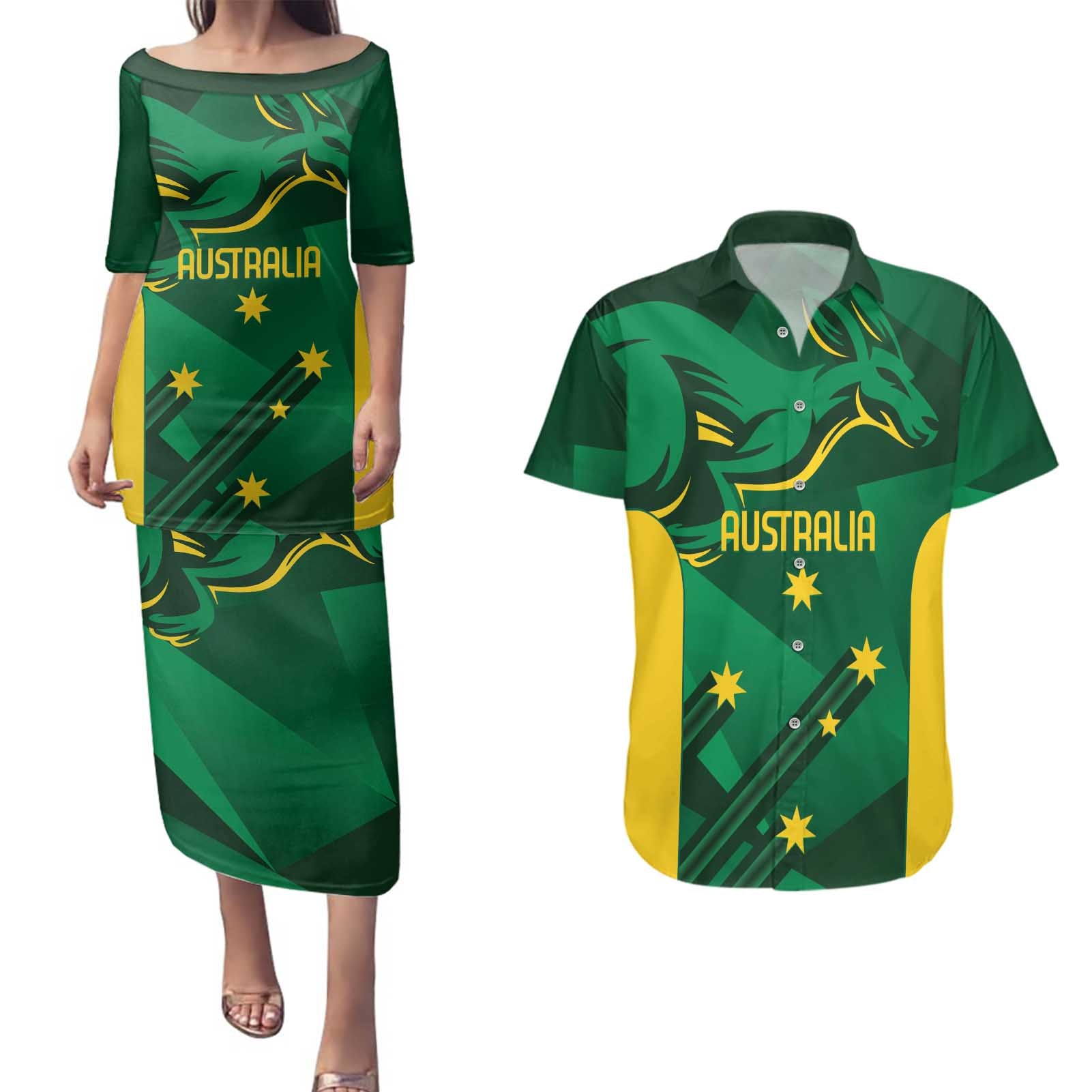 Australia Kangaroo Custom Couples Matching Puletasi and Hawaiian Shirt Aussie National Color Sporty Pattern