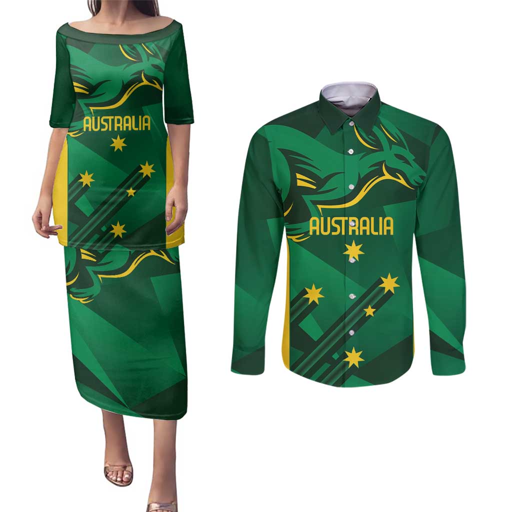 Australia Kangaroo Custom Couples Matching Puletasi and Long Sleeve Button Shirt Aussie National Color Sporty Pattern