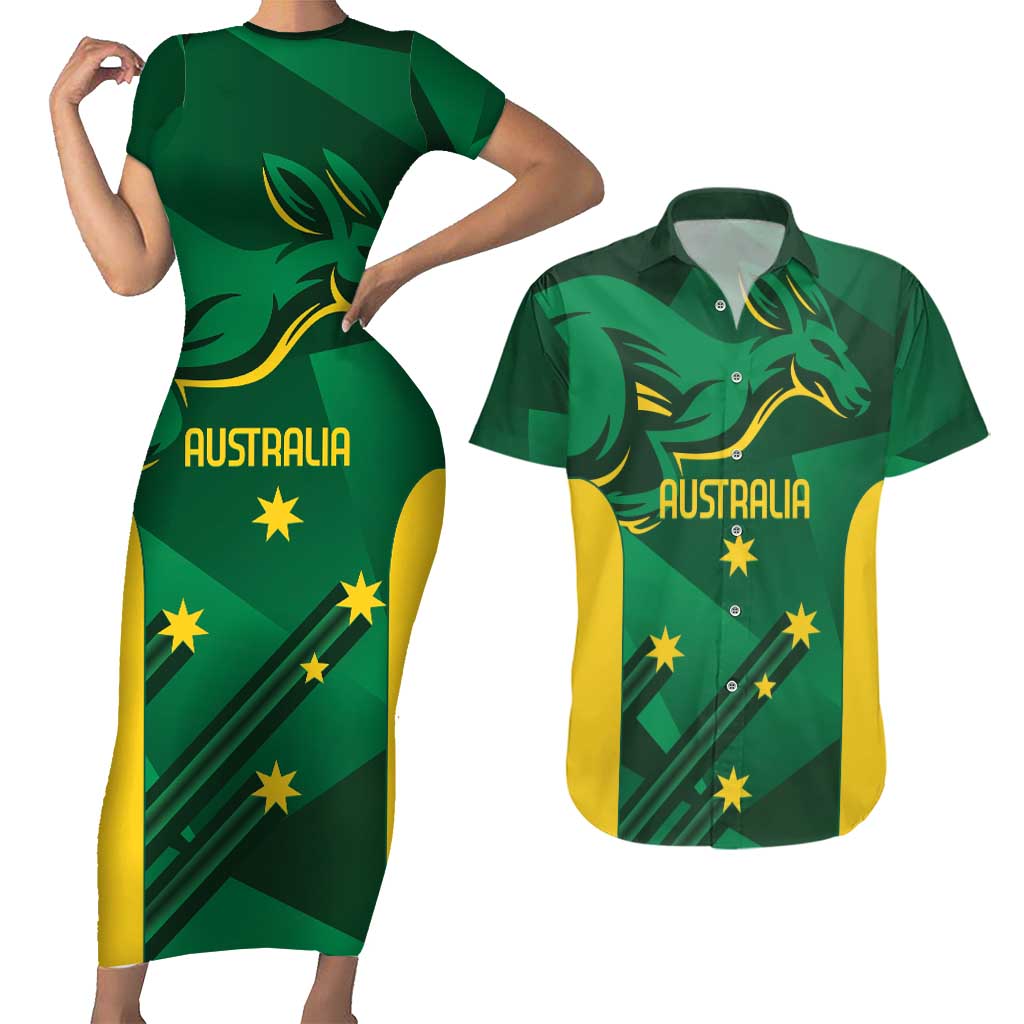 Australia Kangaroo Custom Couples Matching Short Sleeve Bodycon Dress and Hawaiian Shirt Aussie National Color Sporty Pattern