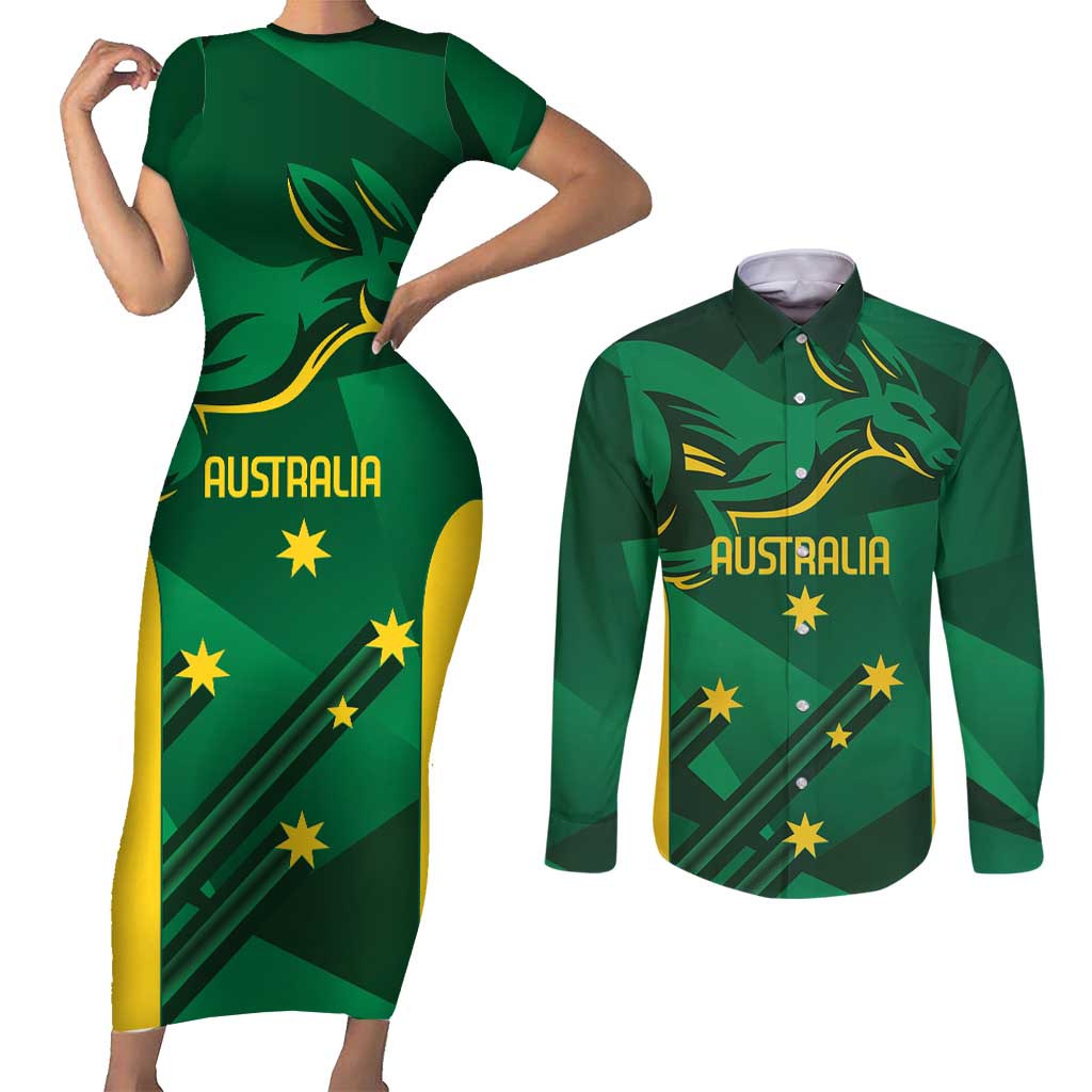 Australia Kangaroo Custom Couples Matching Short Sleeve Bodycon Dress and Long Sleeve Button Shirt Aussie National Color Sporty Pattern