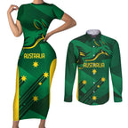 Australia Kangaroo Custom Couples Matching Short Sleeve Bodycon Dress and Long Sleeve Button Shirt Aussie National Color Sporty Pattern