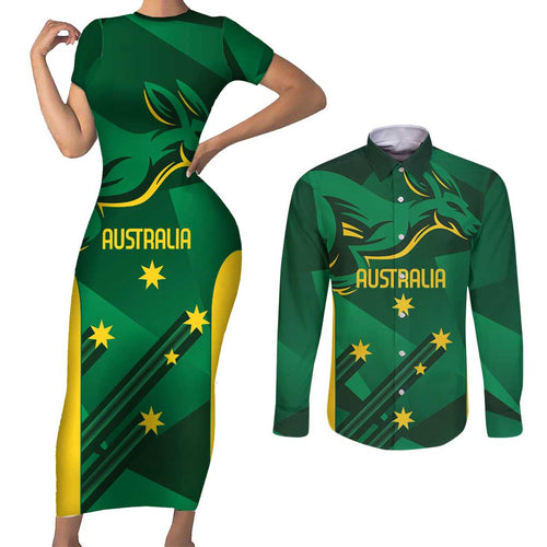 Australia Kangaroo Custom Couples Matching Short Sleeve Bodycon Dress and Long Sleeve Button Shirt Aussie National Color Sporty Pattern