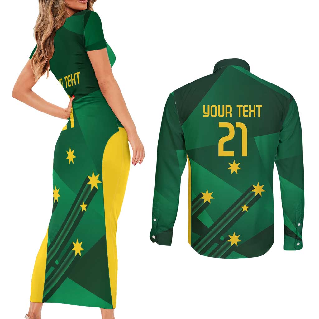 Australia Kangaroo Custom Couples Matching Short Sleeve Bodycon Dress and Long Sleeve Button Shirt Aussie National Color Sporty Pattern