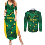 Australia Kangaroo Custom Couples Matching Summer Maxi Dress and Long Sleeve Button Shirt Aussie National Color Sporty Pattern