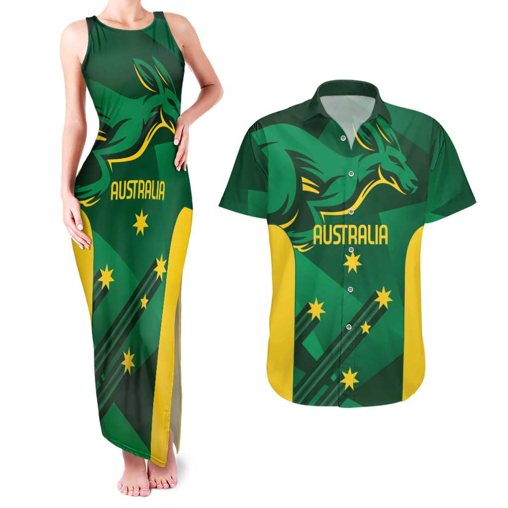 Australia Kangaroo Custom Couples Matching Tank Maxi Dress and Hawaiian Shirt Aussie National Color Sporty Pattern