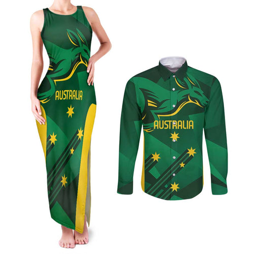 Australia Kangaroo Custom Couples Matching Tank Maxi Dress and Long Sleeve Button Shirt Aussie National Color Sporty Pattern