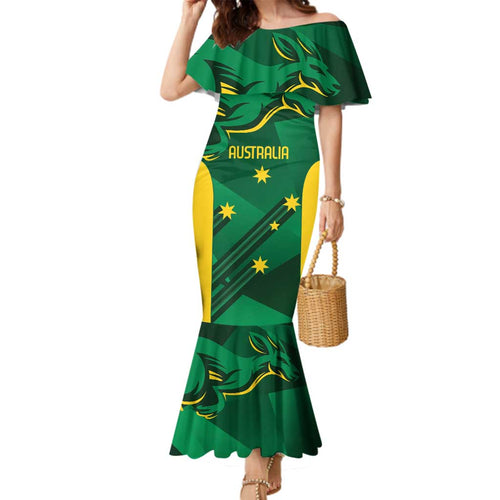 Australia Kangaroo Custom Family Matching Mermaid Dress and Hawaiian Shirt Aussie National Color Sporty Pattern