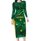 Australia Kangaroo Custom Long Sleeve Bodycon Dress Aussie National Color Sporty Pattern
