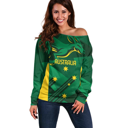 Australia Kangaroo Custom Off Shoulder Sweater Aussie National Color Sporty Pattern