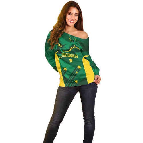 Australia Kangaroo Custom Off Shoulder Sweater Aussie National Color Sporty Pattern