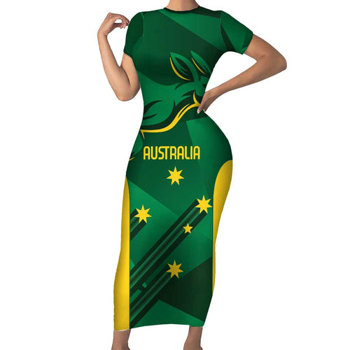 Australia Kangaroo Custom Short Sleeve Bodycon Dress Aussie National Color Sporty Pattern