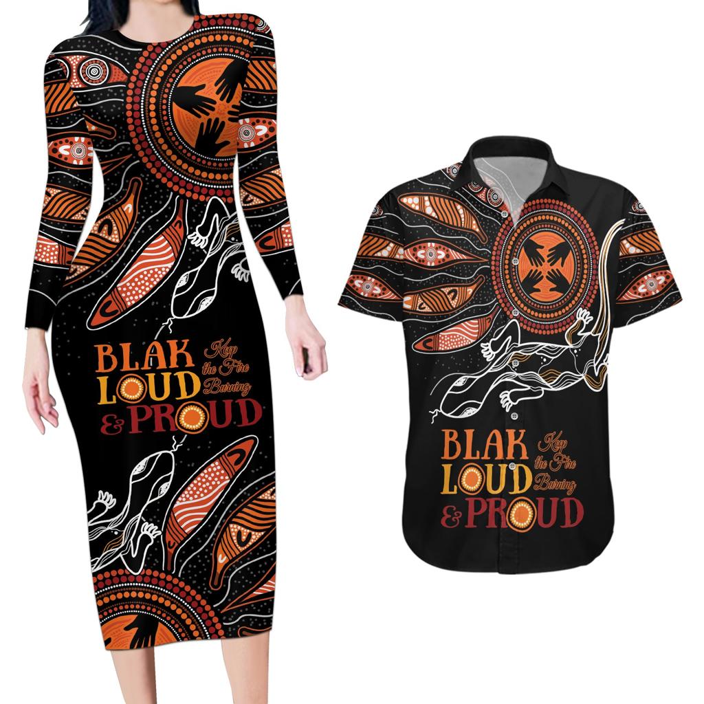 Australia NAIDOC 2024 Couples Matching Long Sleeve Bodycon Dress and Hawaiian Shirt Blak Loud and Proud Aboriginal Lizard Art
