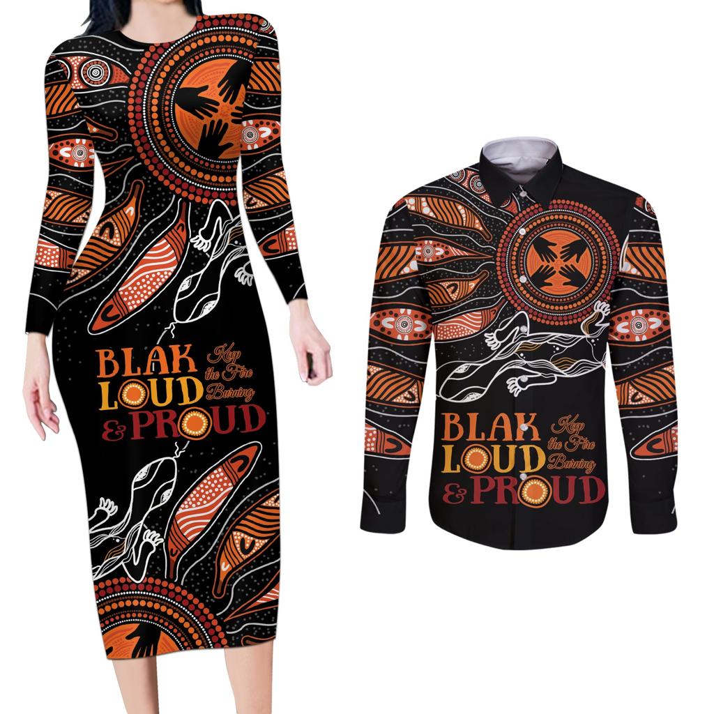 Australia NAIDOC 2024 Couples Matching Long Sleeve Bodycon Dress and Long Sleeve Button Shirt Blak Loud and Proud Aboriginal Lizard Art
