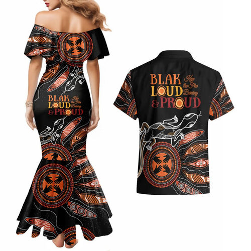 Australia NAIDOC 2024 Couples Matching Mermaid Dress and Hawaiian Shirt Blak Loud and Proud Aboriginal Lizard Art